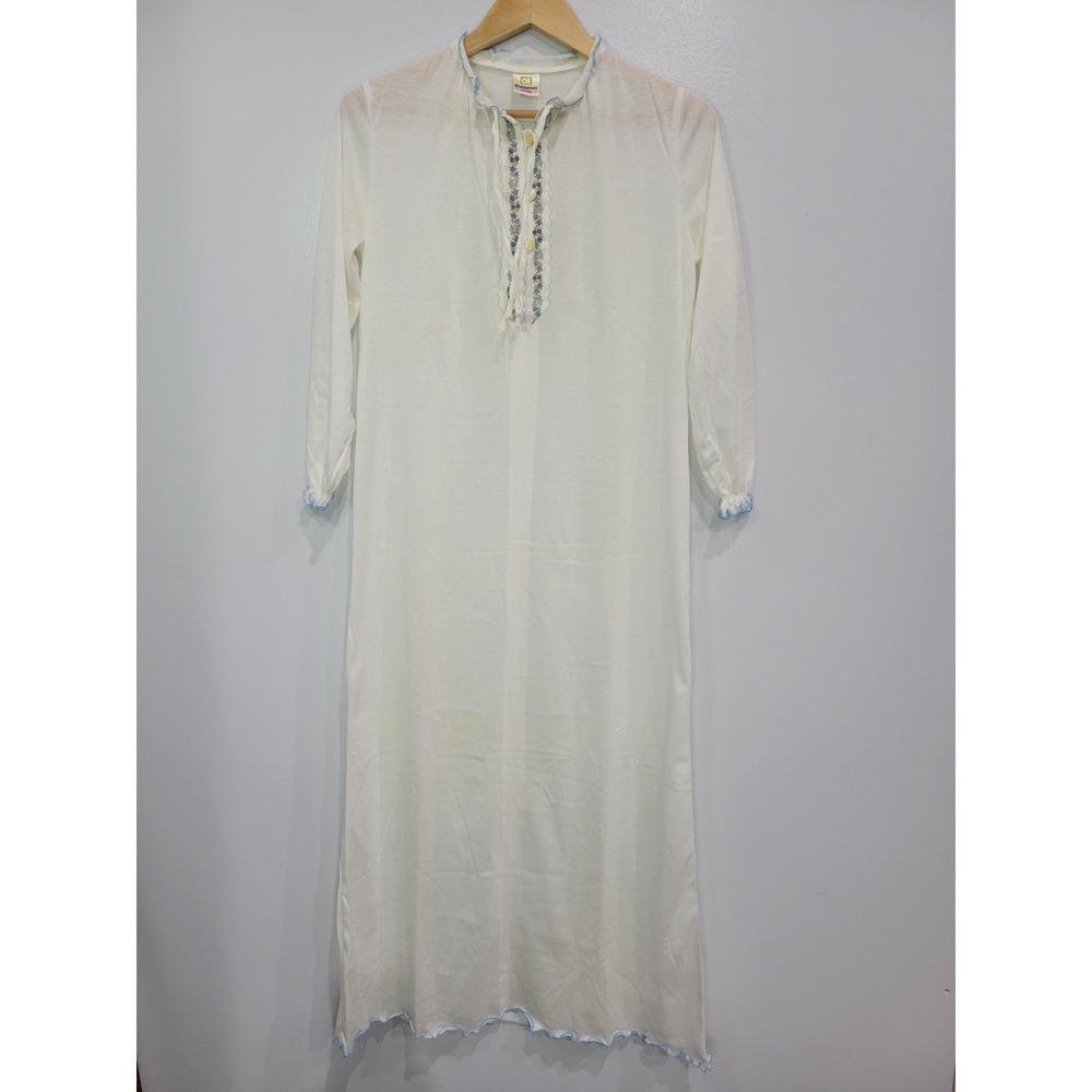 Vintage Cosmo‎ White Cotton Modal Embroidered Nightgown Blue Lettuce Edge Trim L